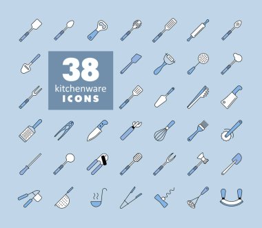 Mutfak gereçleri ve mutfak aletleri vektör izole ikon seti. Yemek pişirme web sitesi ve uygulama tasarımı, logo, uygulama, UI için grafik sembolü