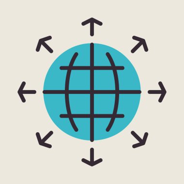 Dünya vektör simgesinin dışındaki oklar. Küresel iletişim sembolü. Güvenlik işareti. Web sitenizin tasarımı için grafik sembolü, logo, uygulama, UI