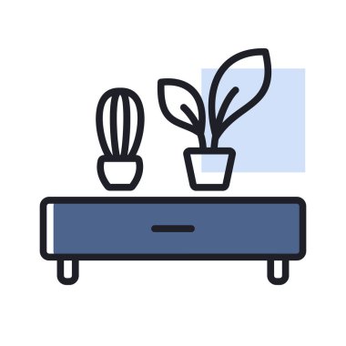 İki saksı bitkisi ikonu olan ahşap bir raf. Mobilya, web sitesi ve uygulama tasarımı için grafik sembolü, logo, uygulama, UI