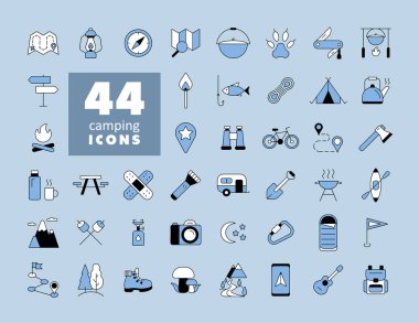 Kamp, yürüyüş, doğa ve doğa aktiviteleri izole edilmiş ikonlar. Seyahat ve turizm web sitesi ve uygulama tasarımı, logo, uygulama, UI için grafik sembolü