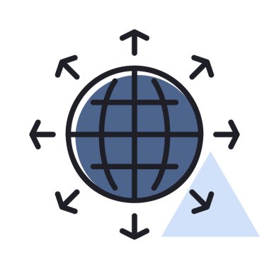 Dünya vektör simgesinin dışındaki oklar. Küresel iletişim sembolü. Güvenlik işareti. Web sitenizin tasarımı için grafik sembolü, logo, uygulama, UI