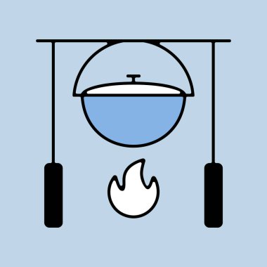 Kamp tenceresini izole edilmiş bir şenlik ateşi vektörünün üzerine koymak. Yürüyüş işareti. Seyahat ve turizm web sitesi ve uygulama tasarımı, logo, uygulama, UI için grafik sembolü