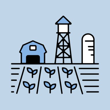 Farm landscape with barn, windpump, seedling and water tower vector isolated icon. Agriculture sign. Graph symbol for your web site design, logo, app, UI. Vector illustration, EPS10.