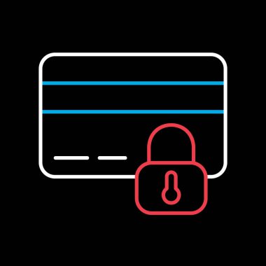 Siyah arkaplan simgesinde kilit vektörü olan kredi kartı. Kilitli banka kartı sembolü. Güvenlik işareti. Web sitenizin tasarımı için grafik sembolü, logo, uygulama, UI