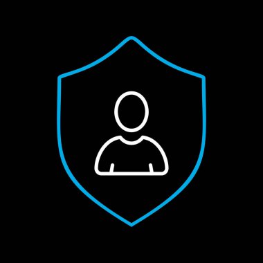 Siyah arkaplan simgesinde gizlilik vektörü. Siluet sembollü kalkan. Kişisel koruma işareti. Kimlik doğrulama güvenlik simgesi. Web sitenizin tasarımı için grafik sembolü, logo, uygulama, UI
