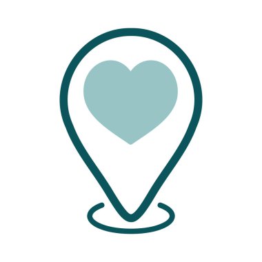 Map pointer with heart icon. Valentine day symbol. Vector illustration, romance elements. Sticker, patch, badge, card for marriage, wedding