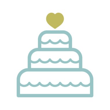 Stacked wedding cake dessert with heart topper isolated icon. Vector illustration, romance elements. Sticker, patch, badge, card for marriage, valentine