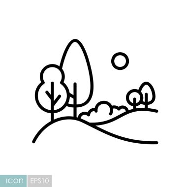 Orman manzarası, tepelerde büyüyen farklı ağaçlar vektör ikonu. Doğa işareti. Seyahat ve turizm web sitesi ve uygulama tasarımı, logo, uygulama, UI için grafik sembolü