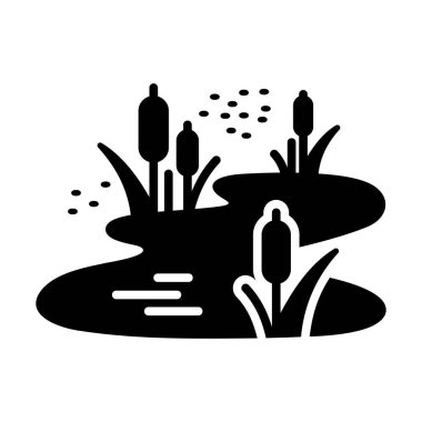 Sazlık ve sivrisineklerle dolu gölet, bataklık vektör katı simgesi. Doğa işareti. Seyahat ve turizm web sitesi ve uygulama tasarımı, logo, uygulama, UI için grafik sembolü