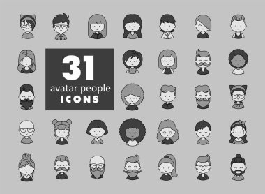 Avatarla ilgili gri ölçekli vektör simgeleri. Kişi, kullanıcı, erkek, kadın, insan ve daha fazlası gibi simgeleri içerir.