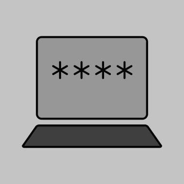 Parola bildirimli dizüstü bilgisayar ve gri ölçekli vektör simgesini kilitle. Kullanıcı yetki notu sembolü. İnternet koruma alarmı. Güvenlik işareti. Web sitenizin tasarımı için grafik sembolü, logo, uygulama, UI