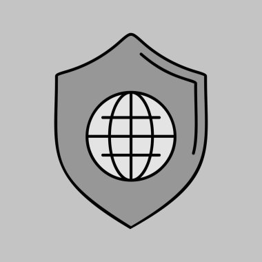 Küresel kalkan vektörü gri tonlama simgesi. Güvenlik işareti. Web sitenizin tasarımı için grafik sembolü, logo, uygulama, UI