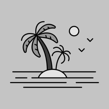 Okyanus vektörü gri tonlu ikonda palmiye ağacı ve tropikal ada. Doğa işareti. Seyahat ve turizm web sitesi ve uygulama tasarımı, logo, uygulama, UI için grafik sembolü