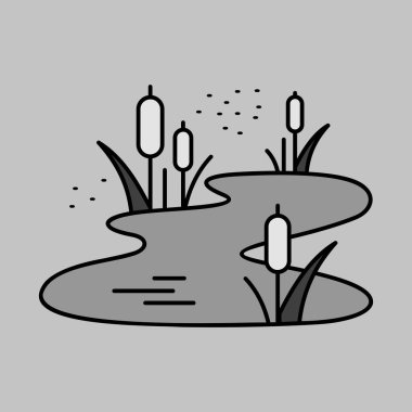 Sazlık ve sivrisineklerle dolu gölet, bataklık vektörü gri tonlama ikonu. Doğa işareti. Seyahat ve turizm web sitesi ve uygulama tasarımı, logo, uygulama, UI için grafik sembolü
