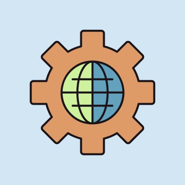 Vites vektör ikonlu dünya. Dünya mekanizma sembolü. Küresel mühendislik ekip çalışması. Güvenlik işareti. Web sitenizin tasarımı için grafik sembolü, logo, uygulama, UI