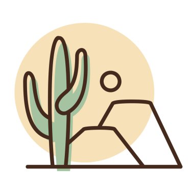 Kaktüs dağı ve güneş vektör ikonu. Rocky çöl manzarası. Doğa işareti. Seyahat ve turizm web sitesi ve uygulama tasarımı, logo, uygulama, UI için grafik sembolü