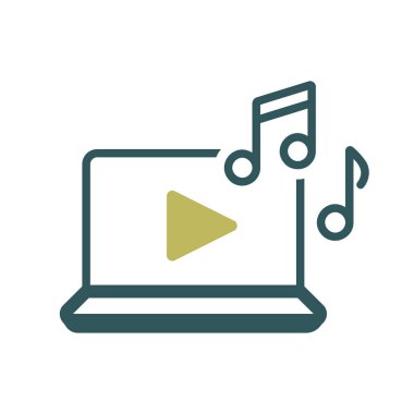 Dizüstü bilgisayar vektörü izole edilmiş ikondaki müziği dinle. Müzik işareti. Müzik ve ses web sitesi için grafik sembolü ve uygulama tasarımı, logo, uygulama, UI