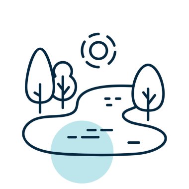 Kıyı vektör simgesi boyunca ağaçlarla kaplı bir göl. Doğa işareti. Seyahat ve turizm web sitesi ve uygulama tasarımı, logo, uygulama, UI için grafik sembolü