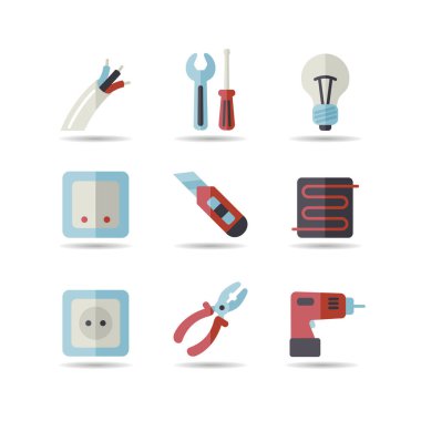 Ev onarımı, elektrik vektör simgeleri ayarlandı. Web sitenizin tasarımı için grafik sembolü, logo, uygulama, UI. Vektör illüstrasyonu, EPS10.