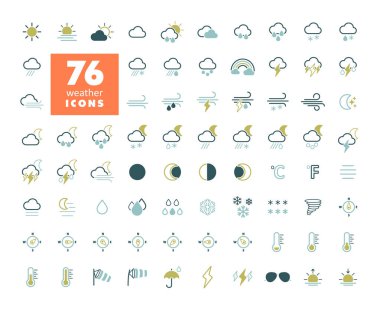 Vektör hava tahmini ikonu ayarlandı. Meteoroloji işareti. Seyahat, turizm ve hava durumu web sitesi ve uygulama tasarımı, logo, uygulama, UI için grafik sembolü