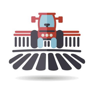 Traktör, Dünya 'yı kırsal bir manzara vektör ikonu olarak işliyor. Tarım işareti. Web sitenizin tasarımı için grafik sembolü, logo, uygulama, UI. Vektör illüstrasyonu, EPS10.