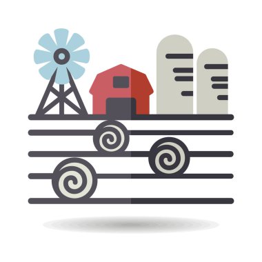 Çiftlik manzarası, ahır, rüzgar pompası, saman yığını ve izole ambar ikonu. Tarım işareti. Web sitenizin tasarımı için grafik sembolü, logo, uygulama, UI. Vektör illüstrasyonu, EPS10.