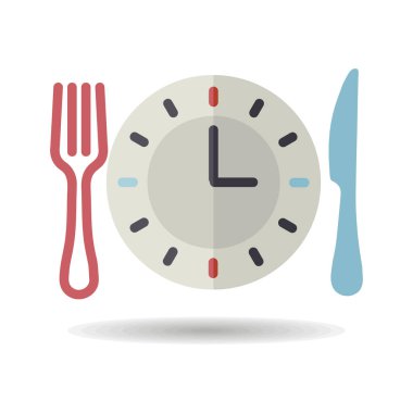 Bıçak ve çatalla kaplanmış bir saat simgesi. Teslimat tabelası. Yemek pişirme web sitesi ve uygulama tasarımı, logo, uygulama, UI için grafik sembolü