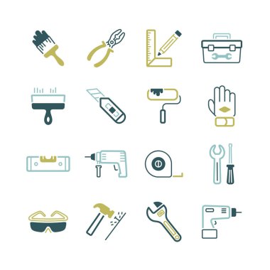 Bina, inşaat ve ev onarım aletleri ikonları. Web sitenizin tasarımı için grafik sembolü, logo, uygulama, UI. Vektör illüstrasyonu, EPS10.