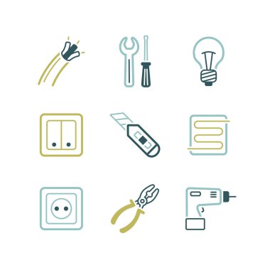 Ev onarımı, elektrik vektör simgeleri ayarlandı. Web sitenizin tasarımı için grafik sembolü, logo, uygulama, UI. Vektör illüstrasyonu, EPS10.
