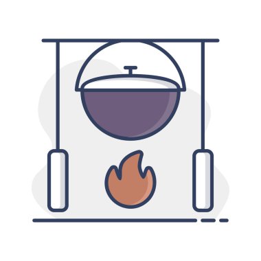 Kamp tenceresini izole edilmiş bir şenlik ateşi vektörünün üzerine koymak. Yürüyüş işareti. Seyahat ve turizm web sitesi ve uygulama tasarımı, logo, uygulama, UI için grafik sembolü