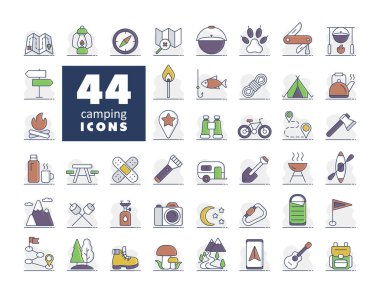 Kamp, yürüyüş, doğa ve doğa aktiviteleri izole edilmiş ikonlar. Seyahat ve turizm web sitesi ve uygulama tasarımı, logo, uygulama, UI için grafik sembolü