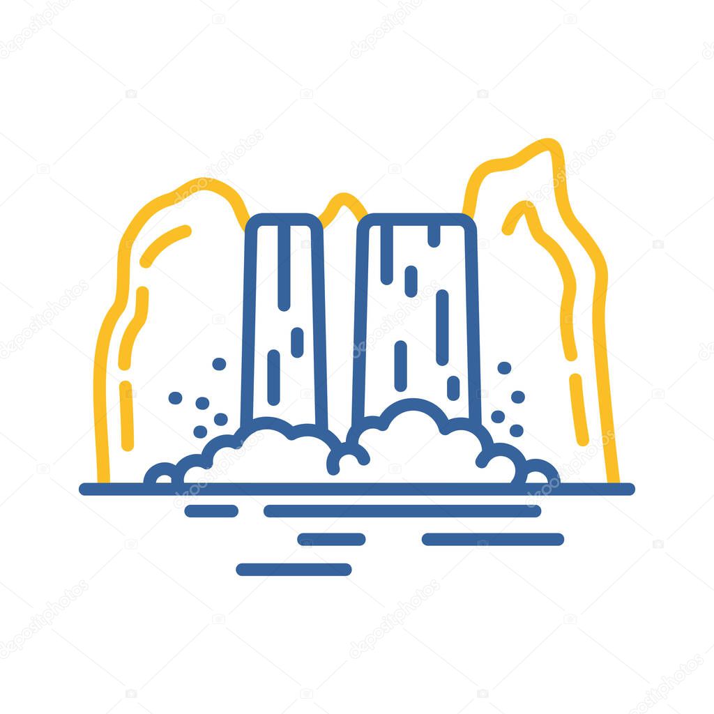 Mountain in the middle of a waterfall vector icon. Nature sign. Graph symbol for travel and tourism web site and apps design, logo, app, UI