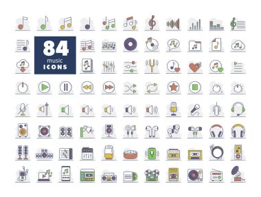 Music vector flat isolated icon set. Graph symbol for music and sound web site and apps design, logo, app, UI
