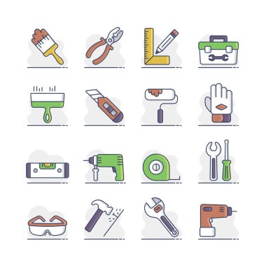 Bina, inşaat ve ev onarım aletleri ikonları. Web sitenizin tasarımı için grafik sembolü, logo, uygulama, UI. Vektör illüstrasyonu, EPS10.