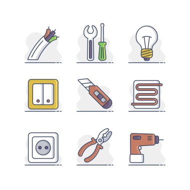 Ev onarımı, elektrik vektör simgeleri ayarlandı. Web sitenizin tasarımı için grafik sembolü, logo, uygulama, UI. Vektör illüstrasyonu, EPS10.