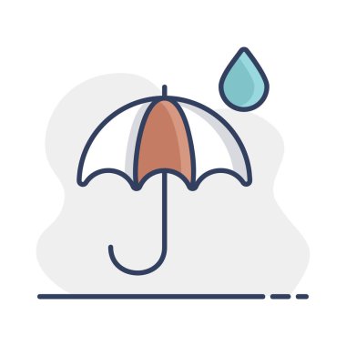 Şemsiye ve yağmur damlaları vektör simgesi. Meteoroloji işareti. Seyahat, turizm ve hava durumu web sitesi ve uygulama tasarımı, logo, uygulama, UI için grafik sembolü