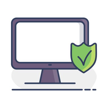 Kalkanlı monitör ve işaret vektör simgesini kontrol et. Güvenlik işareti. Web sitenizin tasarımı için grafik sembolü, logo, uygulama, UI