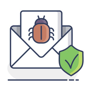 Posta virüslü kötü amaçlı yazılım vektör simgesi. Posta ve virüs spam uyarısı içeren zarf. Posta spam, phishing, dolandırıcılık ve hacker saldırı konsepti