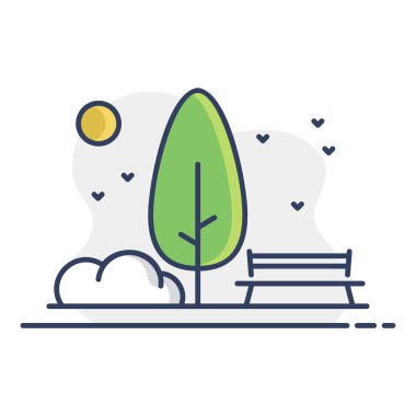Halka açık park bankında ve ağaç vektör ikonu. Şehir parkı. Doğa işareti. Seyahat ve turizm web sitesi ve uygulama tasarımı, logo, uygulama, UI için grafik sembolü