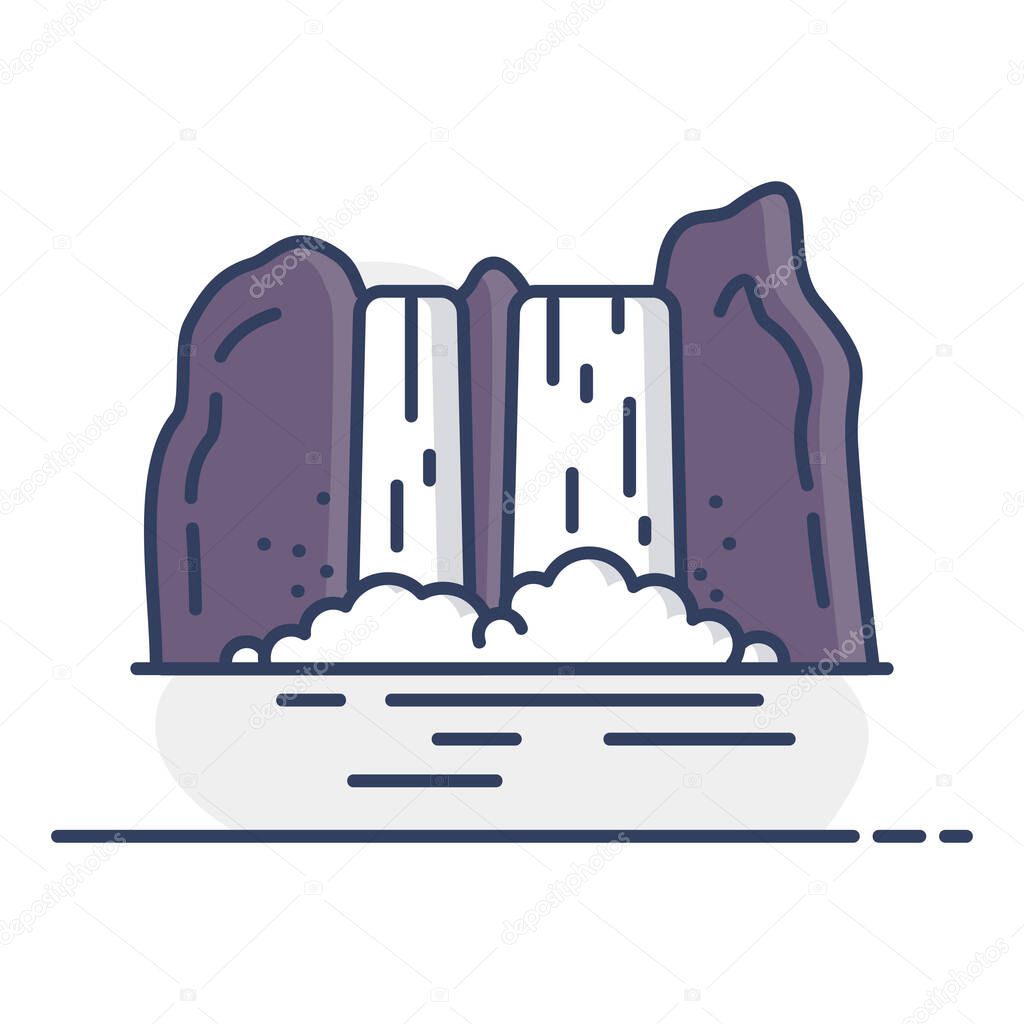 Mountain in the middle of a waterfall vector icon. Nature sign. Graph symbol for travel and tourism web site and apps design, logo, app, UI