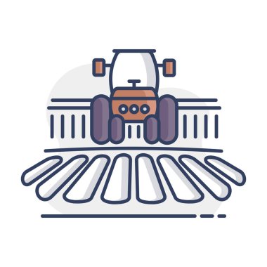 Traktör, Dünya 'yı kırsal bir manzara vektör ikonu olarak işliyor. Tarım işareti. Web sitenizin tasarımı için grafik sembolü, logo, uygulama, UI. Vektör illüstrasyonu, EPS10.