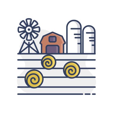 Çiftlik manzarası, ahır, rüzgar pompası, saman yığını ve izole ambar ikonu. Tarım işareti. Web sitenizin tasarımı için grafik sembolü, logo, uygulama, UI. Vektör illüstrasyonu, EPS10.