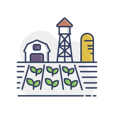 Farm landscape with barn, windpump, seedling and water tower vector isolated icon. Agriculture sign. Graph symbol for your web site design, logo, app, UI. Vector illustration, EPS10.