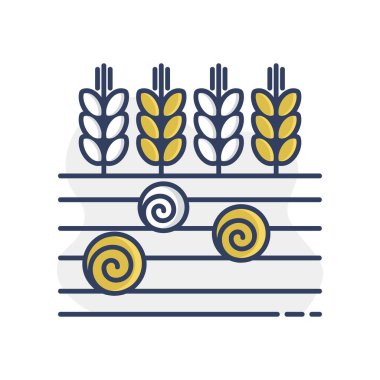 Buğday Kulağı, Arpa ya da Çavdar tarlasında saman balyaları ikonu. Tarım işareti. Web sitenizin tasarımı için grafik sembolü, logo, uygulama, UI. Vektör illüstrasyonu, EPS10.