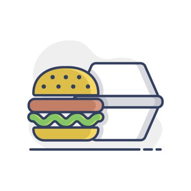 Kapalı karton kutu vektör ikonlu burger. Teslimat tabelası. Yemek pişirme web sitesi ve uygulama tasarımı, logo, uygulama, UI için grafik sembolü