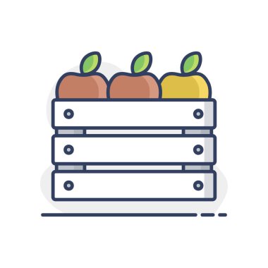 Elma vektör ikonlu ahşap hasat kutusu. Tarım, bahçe ve bitkiler için grafik sembolü Web sitesi ve uygulama tasarımı, logo, uygulama, UI