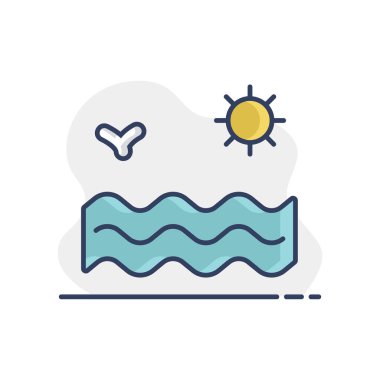 Deniz dalgaları ve güneş vektör simgesi. Yaz tabelası. Seyahat ve turizm web sitesi ve uygulama tasarımı, logo, uygulama, UI için grafik sembolü