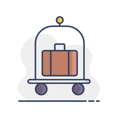 Bagajlar, bavullar, tramvay düz vektör ikonu. Otel tabelası. Seyahat ve turizm web sitesi ve uygulama tasarımı, logo, uygulama, UI için grafik sembolü