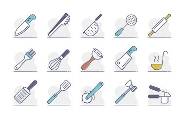 Mutfak gereçleri ve mutfak vektörü izole edilmiş ikon seti. Yemek pişirme web sitesi ve uygulama tasarımı, logo, uygulama, UI için grafik sembolü