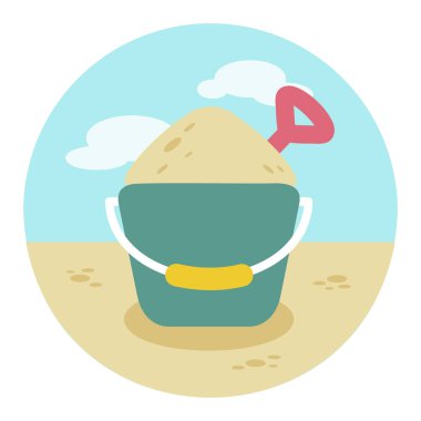 Kum kovası ve kürek vektörü ikonu izole etti. Yaz tabelası. Seyahat ve turizm web sitesi ve uygulama tasarımı, logo, uygulama, UI için grafik sembolü